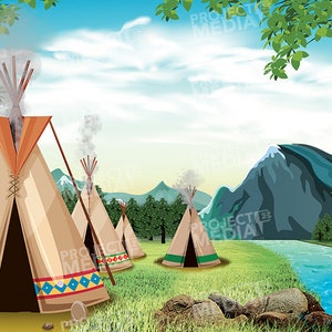 May include: A scenic illustration of a Native American village with several teepees, a river, and a mountain range in the background. The teepees are brown with colorful patterns and have smoke coming from their tops.