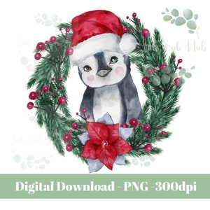 Cute Christmas penguin in a wreath frame sublimation design/Christmas digital download/penguin clipart/Christmas clipart/Christmas printable