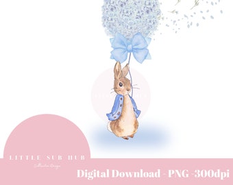 Peter Rabbit and blue hydrangeas balloon PNG sublimation design, PNG clipart digital download/Easter, birthday digital download/printable