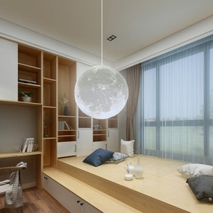 3D Moon Pendant Light Lamp |  LED Space Planet Ceiling Light Fixture | Unique Moon Chandelier | White Plastic Lampshade