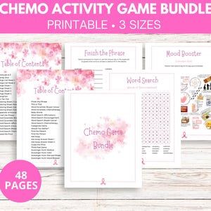 Op de afbeelding: Een roze en witte printbare activiteitsspelbundel voor chemotherapiepatiënten. De bundel bevat 48 pagina's met spellen zoals bingo, woordzoekers, kleurplaten en meer. De spellen zijn ontworpen om patiënten te helpen positief en betrokken te blijven tijdens hun behandeling.
