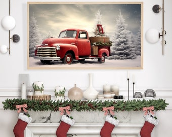 Vintage Red Christmas Truck for Samsung Frame TV Art, 4K Instant Digital Image Download, Snowy Winter Pine Trees Forest, Country Pickup
