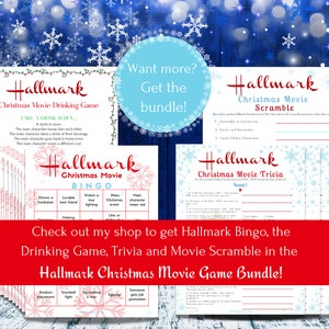 Op de afbeelding: Een set printbare Hallmark kerstfilmspellen. De spellen omvatten Bingo, een drinkspel, een quiz en een film-scramble. De spellen zijn ontworpen om te worden gespeeld tijdens een Hallmark kerstfilmmarathon.