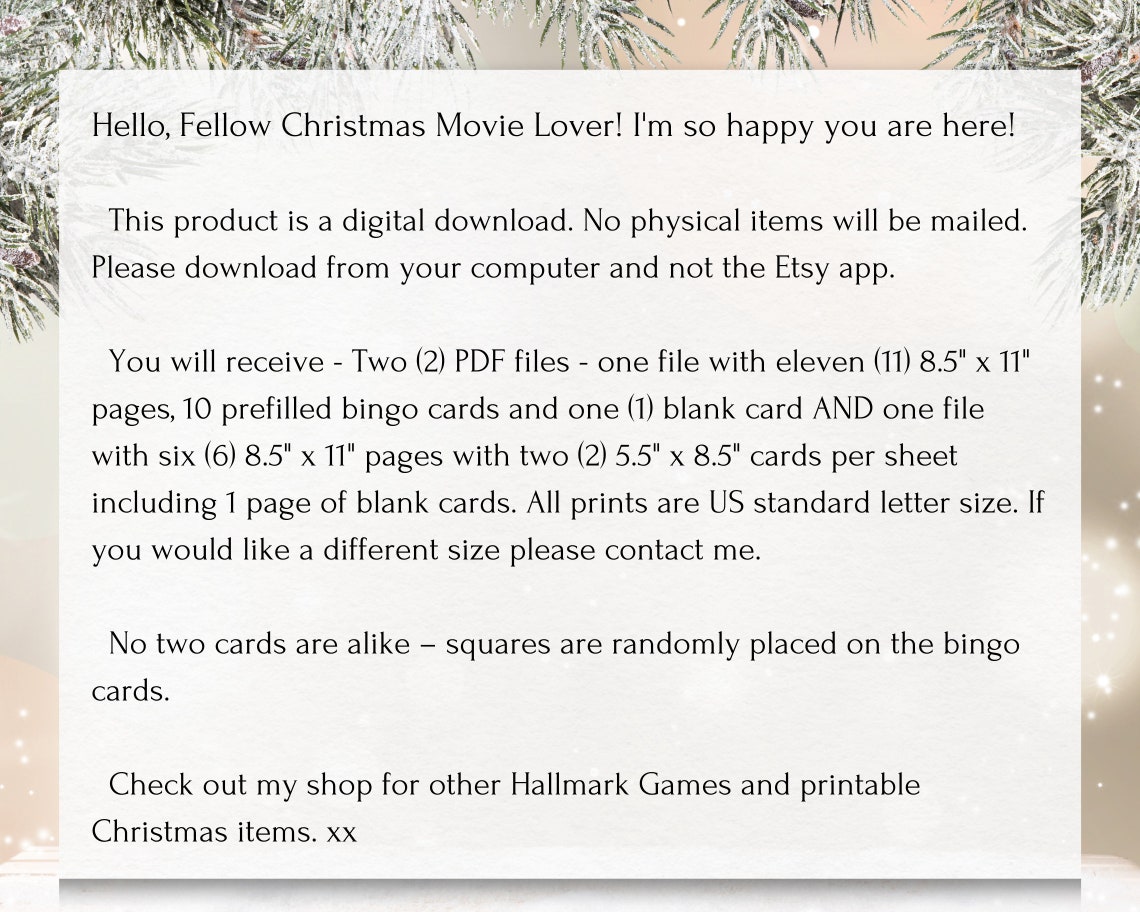 Hallmark Countdown to Christmas Movie Bingo Holiday Game Etsy