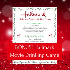Op de afbeelding: Een printbaar kerstfilm-drinkspel met instructies om een ​​slok te nemen wanneer bepaalde gebeurtenissen plaatsvinden in een Hallmark-film. De instructies omvatten het nemen van een slok wanneer het begint te sneeuwen, wanneer de hoofdpersonen elkaar tegenkomen, wanneer de hoofdpersoon een slok van zijn drankje neemt, wanneer de hoofdpersoon terugkeert naar zijn geboortestad, wanneer er een echt goed opgevoed kind is, wanneer mensen koekjes bakken, wanneer er een sneeuwballengevecht is, wanneer er een kerstwedstrijd of -evenement is, en wanneer mensen een boom versieren. De instructies omvatten ook het nemen van twee slokken wanneer de hoofdpersonen eindelijk kussen.