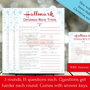 Op de afbeelding: Een printbaar Hallmark Christmas Movie Trivia-spel met drie rondes van 15 vragen. Het spel wordt geleverd met antwoordsleutels. Het spel is gedrukt op wit papier met een blauw sneeuwvlokkenontwerp.
