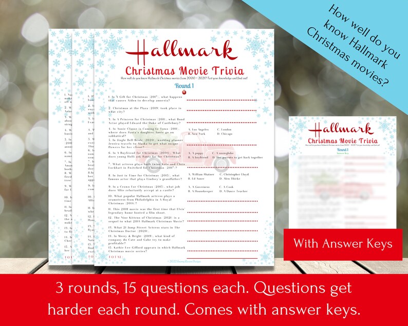 Op de afbeelding: Een printbaar Hallmark Christmas Movie Trivia-spel met drie rondes van 15 vragen. Het spel wordt geleverd met antwoordsleutels. Het spel is gedrukt op wit papier met een blauw sneeuwvlokkenontwerp.