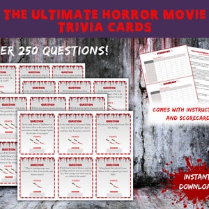 Horror Movie Trivia 250 Cards, Halloween Party Horror Film Game, Printable Scary Questions, Classic Pub Quiz, Adult Work Party Game Download