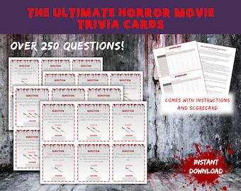 May include: A set of printable horror movie trivia cards with over 250 questions. The cards have a red and white bloody dripping design. The cards come with instructions and a scorecard. Instant download.