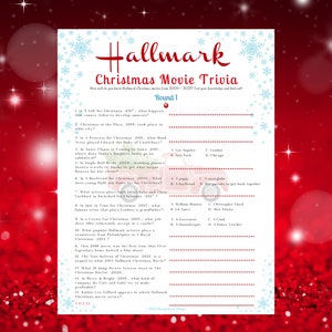 Op de afbeelding: Een printbaar kerstfilm-trivia-spel met 15 vragen over Hallmark-kerstfilms. Het spel is verdeeld in twee rondes. De eerste ronde heet "Ronde 1".