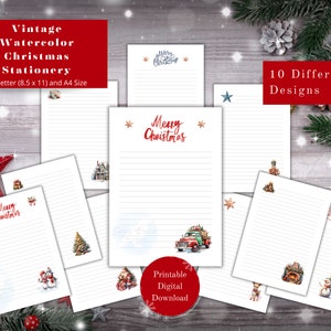 paquet de papeterie aquarelle de Noël vintage, téléchargement stationnaire imprimable, papier sur le thème des vacances, lettre A4 et américaine, ensemble de notes manuscrites