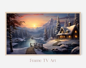 Winter Landscape for Samsung Frame TV Art, 16:9 Christmas Snow Vintage Painting, Holiday Snowy Log Cabin, Mountains Sunrise Sunset Scene