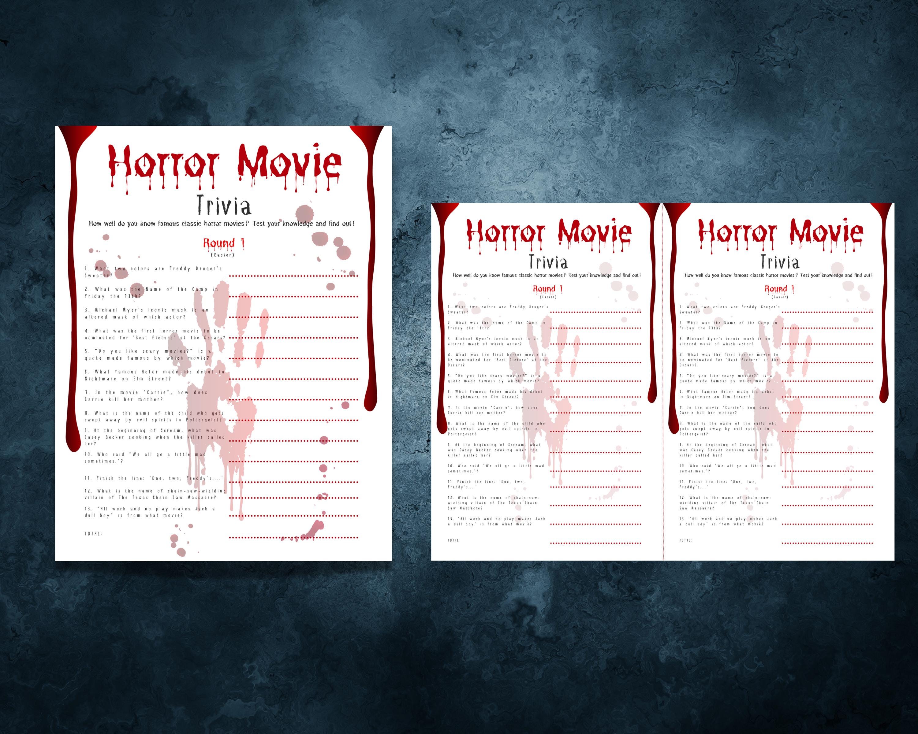 Slasher Trivia Classic Horror Movie Trivia Printable Game Perfect for Halloween or ...