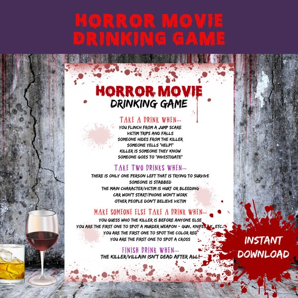 Horror Movie Watching Drinking Game, Fun Halloween Party Ideas, Printable Download, Scary Movies Party, Movie Night, Adult Drinking Game