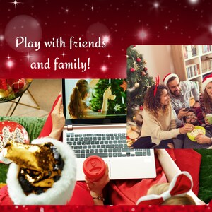 Op de afbeelding: Een vrouw is tijdens de feestdagen via een videogesprek verbonden met vrienden en familie. Ze draagt een rood shirt en een kerstmanmuts. Het videogesprek toont een groep mensen die rond een kerstboom zijn verzameld, lachen en van elkaars gezelschap genieten. De tekst "Speel met vrienden en familie!" staat op de afbeelding.