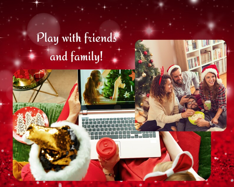 Op de afbeelding: Een vrouw is tijdens de feestdagen via een videogesprek verbonden met vrienden en familie. Ze draagt een rood shirt en een kerstmanmuts. Het videogesprek toont een groep mensen die rond een kerstboom zijn verzameld, lachen en van elkaars gezelschap genieten. De tekst "Speel met vrienden en familie!" staat op de afbeelding.