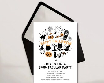May include: A white Halloween party invitation card with a black envelope. The card features a circular arrangement of black and orange icons including ghosts, pumpkins, a cat, a skeleton, and spiderwebs. Text reads: HAPPY HALLOWEEN, JOIN US FOR A SPOOKTACULAR PARTY, OCTOBER 31, 20XX, THE HAUNTED MANSION, 458 TORONTO STREET, NORTH YORK, ONTARIO, RSVP TO STEPHANIE AT 416-774-8854.