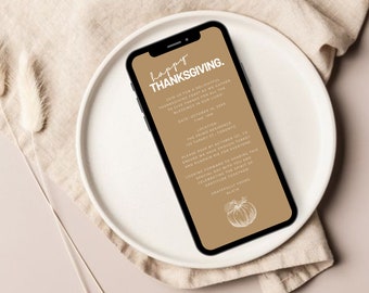 Inbjudan till Thanksgiving, digital Canva-mall för nedladdning direkt, Låt oss samlas, mobil inbjudan till Thanksgiving-middag