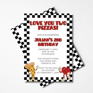 Te amo duas pizzas, convite de aniversário para festa de pizza, tema retrô dos namorados, download digital editável, convite de segundo aniversário