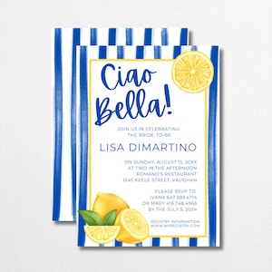 Convite editável para chá de panela com limão, tema italiano Ciao Bella, impressão de frutas cítricas mediterrâneas, chá de panela na Costa Amalfitana
