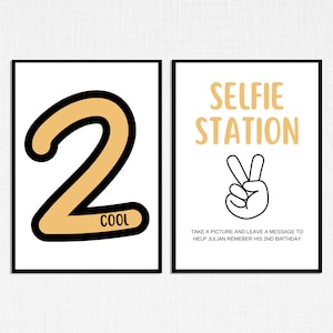Duas placas legais para festa de segundo aniversário com cartão de agradecimento, modelo de Canva digital com design verificador
