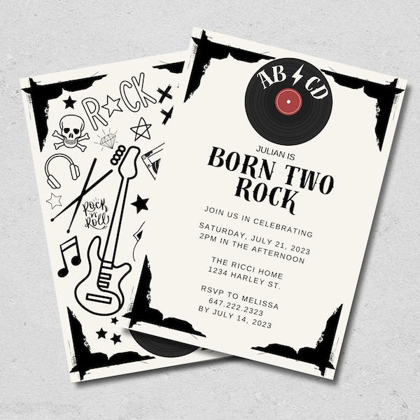 Modèle de toile Invitation Born Two Rock, Faire-part pour 2e anniversaire, Thème ABCD Rock pour le deuxième anniversaire