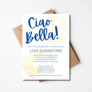 Convite editável para chá de panela com limão, tema italiano Ciao Bella, chá de panela na Costa Amalfitana, convite minimalista para chá de panela