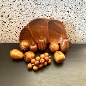 Vintage Wood Fruits And Bowl; Leilani; monkey pod wood; vtg; retro; mid century modern; MCM; decorative fruit; fruit bowl; wooden fruit;