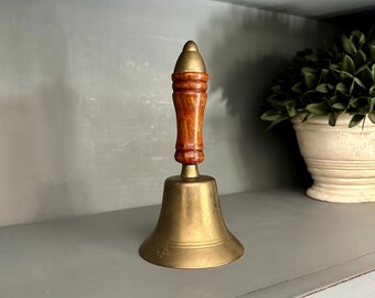 Vintage Brass Bell With Wood Handle; collectible brass; collectible brass bells; brass school bells; brass church bells; brass dinner bells