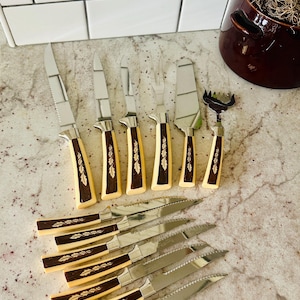 Regent Sheffield Knife And Serving 13 Piece Set; vintage knives; vintage cake server; vintage carving knive; pie server; serving fork;