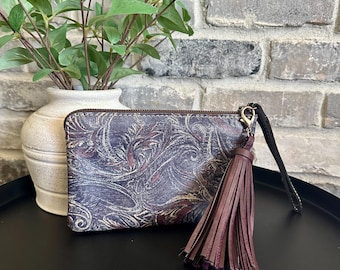 Patricia Nash Feather Paisley Leather Wristlet Purse Wallet; Italian  Leather; Blue Paisley; Black Paisley; Unique Wristlet; Purple Paisley