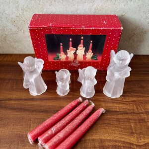 1991 All The Trimmings Angel Candle Holders Set Of 4; vintage; vtg; vintage Christmas; Christmas angels; glass angels; Christmas candles