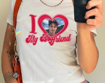 I Love My Boyfriend Baby Tee,I Love My Boyfriend Heart Custom Photo Tee,I Love My Boyfriend Shirt, Custom Heart,Valentine Gift, Y2k Baby Tee