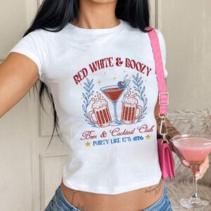 Red White And Boozy Baby Tee, Martini Baby Tee, Cocktail Tee Fourth Of July Crop Top, USA Y2K Tee, America Baby Tee ,Fourth Of July Baby Tee