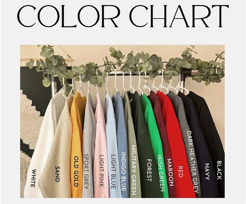 May include: A color chart displays a variety of clothing items in different colors. The colors include white, sand, old gold, sport grey, light pink, light blue, indigo blue, military green, forest, irish green, maroon, red, dark heather grey, navy, and black.