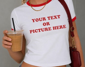 Custom Crop Ringer Tee, Custom photo Ringer Tee, Personalized Classic Tee, ANY image, Business Logo Crop Top, custom present, Y2K Ringer Tee