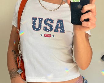 USA Baby Tee, 4th of July USA Baby Tee, Patriotic USA Shirt, Y2k Clothing America Shirt, 4th of July America Y2k Tee, Summer Usa Baby Tee