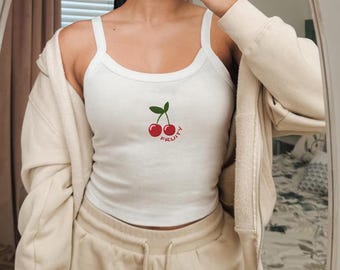 Cherry Fruity Micro Rib Spaghetti Strap Tank, Y2K Tank Top,Unhinged Shirt, 90s Shirt,Crop Tank Top, LGBTQ Queer Parade,Pride Month Gift