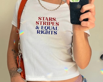 Stars Stripes And Human Rights Baby Tee, Retro 4th Of July Baby Tee, Liberal Feminist American Shirt, Patriotic Women Gift, Y2K USA Baby Tee