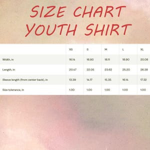 May include: A size chart for youth shirts, with measurements in inches. The chart includes width, length, and sleeve length from the centre back, as well as size tolerance. The text "SIZE CHART YOUTH SHIRT" is in red.