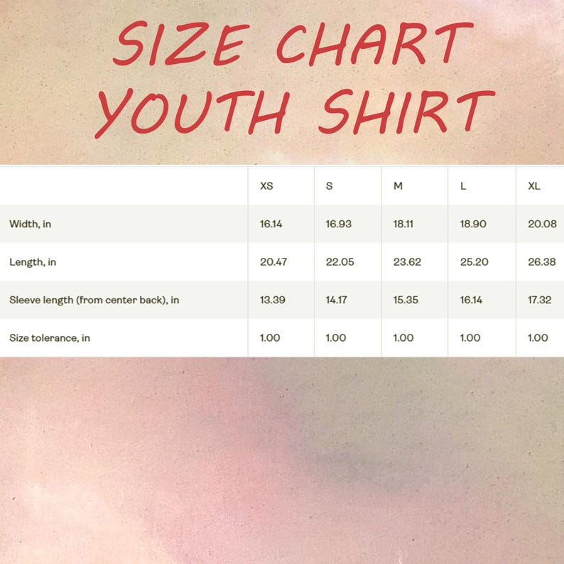 May include: A size chart for youth shirts, with measurements in inches. The chart includes width, length, and sleeve length from the centre back, as well as size tolerance. The text "SIZE CHART YOUTH SHIRT" is in red.