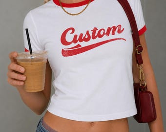 Custom Text Vintage Crop Ringer Tee, Custom photo Ringer Tee, Personalized  Text Tee, Gift for her, Custom present, Y2K Ringer Tee