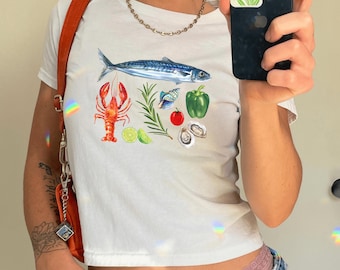 Seafood Collage Baby Tee, Italian Summer Top, Trendy Y2K Baby Tee, Sardine Baby Tee, Vintage Graphic Tee, Coastal Tee, Summer Vibes Baby Tee