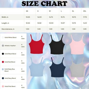 May include: A size chart for crop tops, with measurements in inches for widths and lengths, ranging from XS to 2XL. The chart is accompanied by images of crop tops in various colors, including red, black, pink, blue, and gray.
