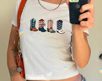 Fourth of July Baby Tee, Cowgirl 4th of July Baby Tee, Y2K Cowboy Boots Baby Tee, America Shirt, USA Shirt, Patriotic 90s Baby Tee.