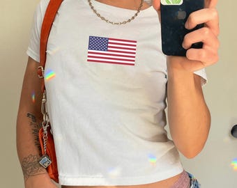 US Flag  Baby Tee, Fitted Y2K Tank, American Pride Shirt,Aesthetic American Flag Shirt Teenage Girl Gift Independence Day Red Preppy USA Tee