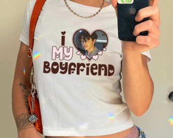 Personalized "I Love My Boyfriend/Girlfriend" Custom Photo Baby Tee, Customizable I Love My Boyfriend Tee, Anniversary Gift Y2K Tee, 90s Tee