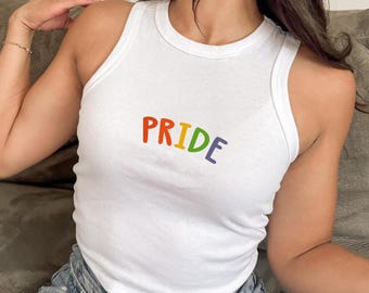 Pride Rainbow Tank Top, Cute LGBTQ Pride Tank Top, Colorful LGBTQ Baby Tee, Lesbian Custom Embroidery Tank Top,Y2k Tank Top,Pride Month Gift