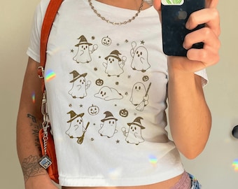 Cute Halloween Ghost Baby Tee,Witch Ghosts Baby Tee, Kawaii Spooky Season Baby Tee, BooAesthetic Y2k Tee, Fall Baby Tee for Halloween Lovers