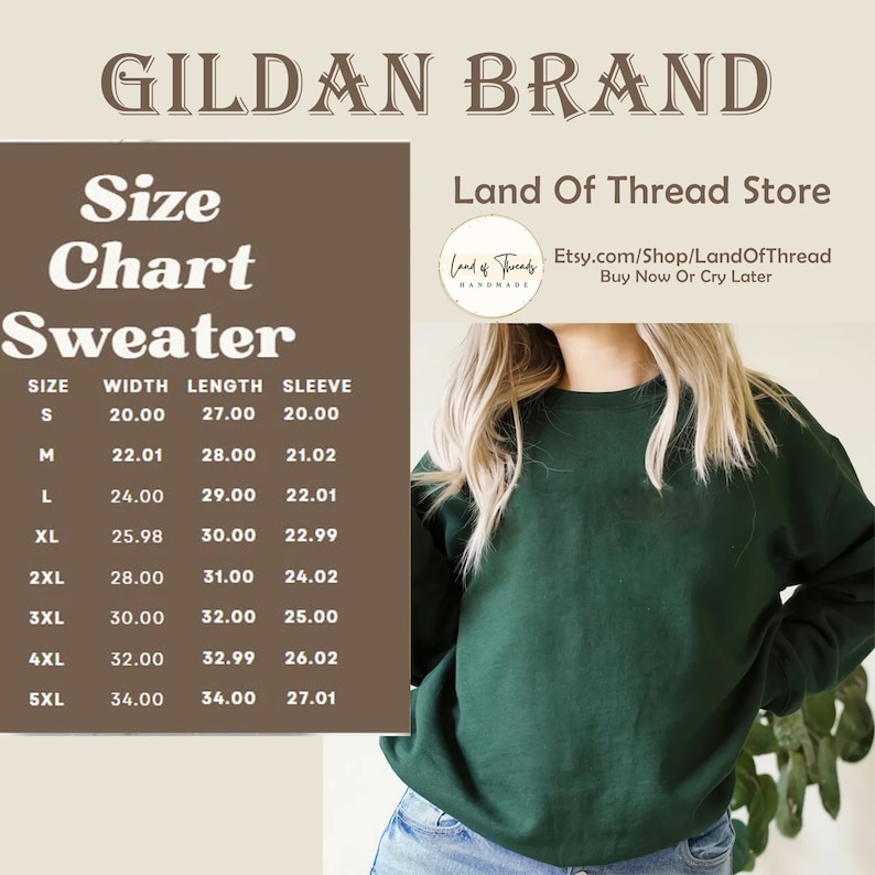 May include: A dark green Gildan brand sweater. The image includes a size chart with measurements in inches for width, length, and sleeve length. The text "Land Of Thread Store" and Etsy shop URL are also visible.